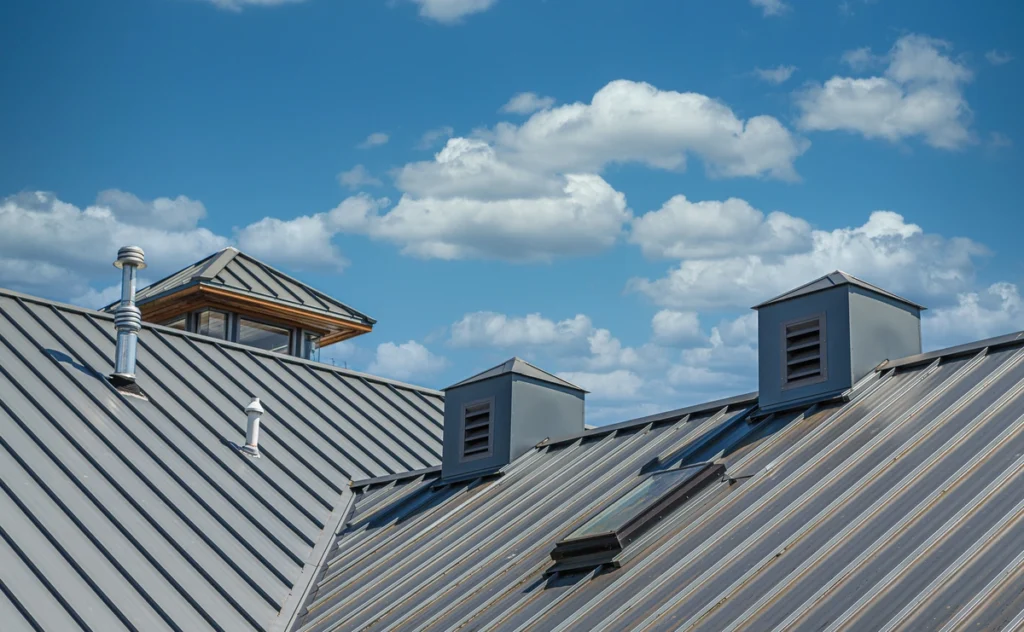 Closeup of aluminum metal roofing system.